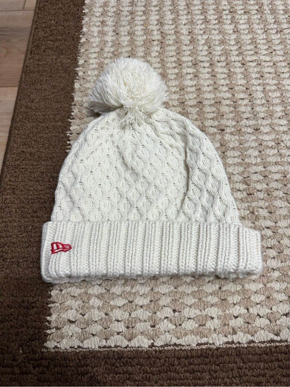 Cream Cable-Knit Pom Beanie with Red Wing Patch